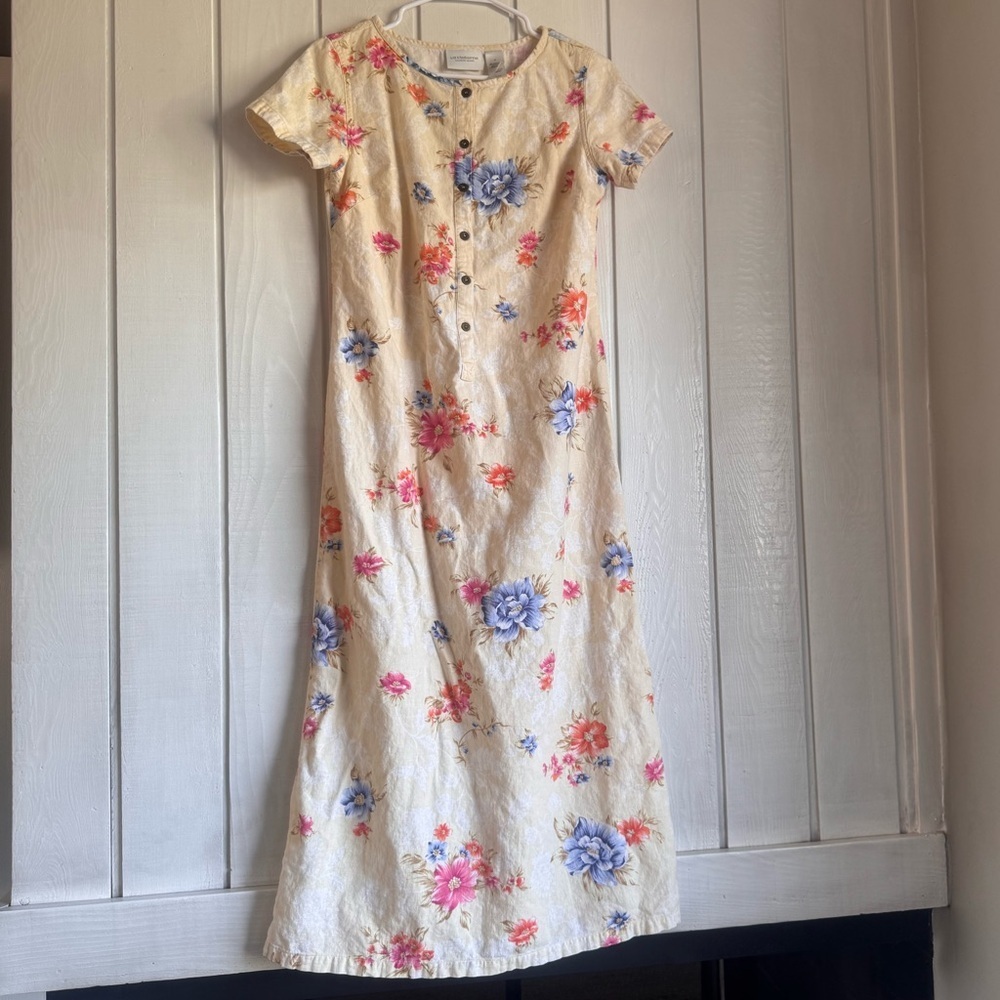 Liz Claiborne Vintage Linen Blend Yellow Floral Midi Dress
